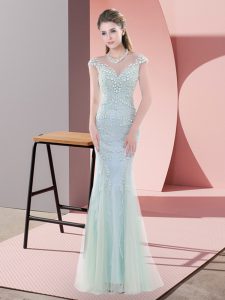 Artistic Cap Sleeves Floor Length Beading Zipper Dress for Prom with Blue
