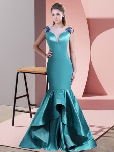 Teal Mermaid Beading and Lace Prom Dresses Zipper Satin Sleeveless