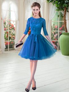Stylish Blue A-line Scalloped Half Sleeves Tulle Knee Length Zipper Lace Prom Gown
