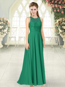 Green Chiffon Backless Scoop Sleeveless Floor Length Evening Dresses Lace