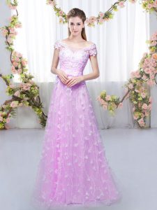 Sweet Lilac Tulle Lace Up Quinceanera Court of Honor Dress Cap Sleeves Floor Length Appliques
