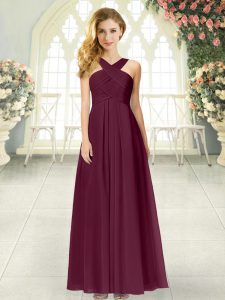 Delicate Burgundy Empire Straps Sleeveless Chiffon Floor Length Zipper Ruching Homecoming Dress