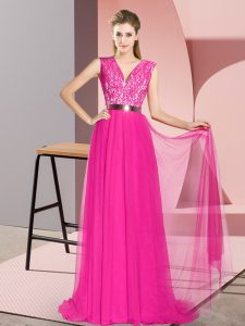 Fuchsia Zipper V-neck Beading and Lace and Belt Prom Gown Tulle Sleeveless Sweep Train