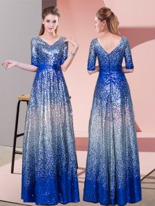 Extravagant V-neck Half Sleeves Sequined Prom Dresses Ruching Zipper