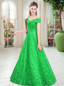 Floor Length Lace Up Prom Evening Gown Green for Prom and Party with Beading