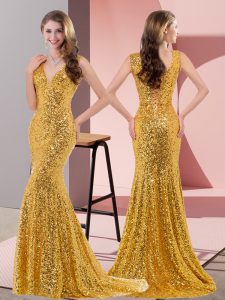 Sweep Train Mermaid Prom Evening Gown Gold V-neck Sequined Sleeveless Lace Up