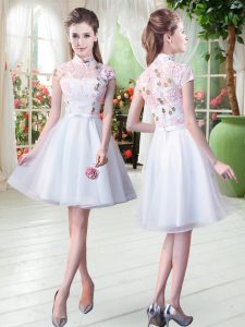 Best Selling Knee Length White Prom Gown High-neck Short Sleeves Zipper