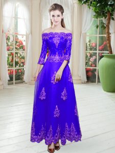 Comfortable Purple Off The Shoulder Neckline Lace Evening Dress 3 4 Length Sleeve Lace Up