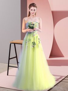 Sweetheart Sleeveless Prom Dress Floor Length Appliques Yellow Green Tulle