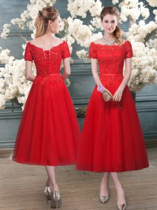 Stylish Red Short Sleeves Tea Length Lace Lace Up Prom Party Dress