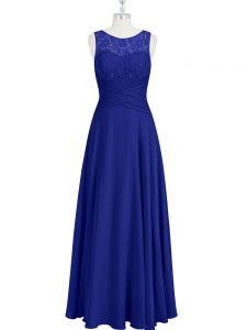 Attractive Royal Blue Zipper Scoop Lace and Pleated Prom Dress Chiffon Sleeveless