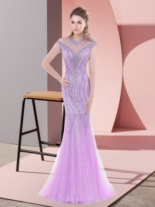 Lilac Scoop Neckline Beading and Lace Prom Evening Gown Cap Sleeves Zipper