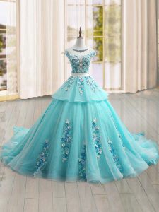 Elegant Aqua Blue Quinceanera Gown Military Ball and Sweet 16 and Quinceanera with Appliques Scoop Cap Sleeves Brush Train Lace Up