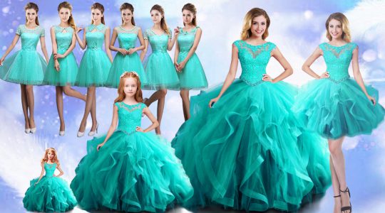 Scoop Cap Sleeves Lace Up Beading Sweet 16 Dress in Aqua Blue