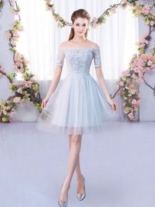 On Sale Mini Length Grey Quinceanera Court Dresses Tulle Short Sleeves Lace