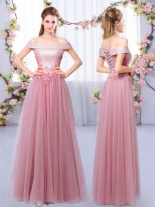 Top Selling Pink Sleeveless Floor Length Appliques Lace Up Vestidos de Damas