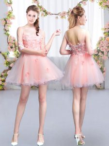 Half Sleeves Tulle Mini Length Lace Up Dama Dress in Pink with Appliques