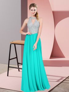 Turquoise Satin Backless Halter Top Sleeveless Floor Length Evening Dress Beading and Lace