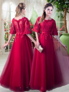 Deluxe Floor Length Red Evening Dress Tulle Half Sleeves Appliques
