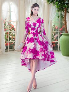 Scoop Half Sleeves Prom Dress High Low Belt Fuchsia Lace