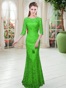 Fashionable Scoop Half Sleeves Prom Evening Gown Floor Length Lace Green