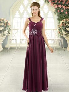 High Class Burgundy Empire Beading and Ruching Evening Dress Lace Up Chiffon Sleeveless Floor Length