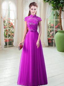 Floor Length Purple Dress for Prom High-neck Cap Sleeves Lace Up