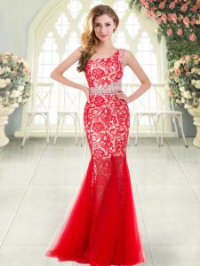 Red Zipper Womens Evening Dresses Beading and Lace Sleeveless Floor Length