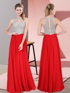 Red Satin Zipper Prom Gown Sleeveless Floor Length Beading and Lace