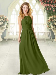 Chiffon Scoop Sleeveless Zipper Ruching Evening Dress in Olive Green
