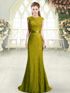 Romantic Gold Mermaid Scoop Cap Sleeves Sweep Train Backless Beading and Lace Homecoming Dress
