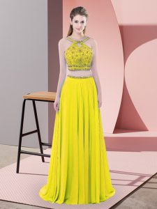 Yellow Straps Backless Beading Prom Evening Gown Sweep Train Sleeveless