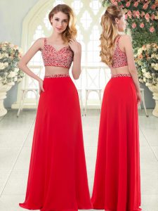 Red Two Pieces Straps Sleeveless Chiffon Floor Length Zipper Beading Prom Gown