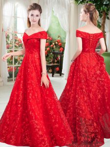 Red Lace Lace Up Prom Party Dress Sleeveless Floor Length Beading