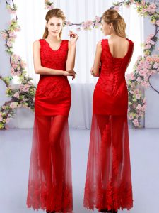 Red Sleeveless Floor Length Lace Lace Up Dama Dress