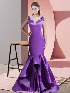 Graceful Satin Scoop Sleeveless Sweep Train Side Zipper Appliques Evening Gowns in Eggplant Purple