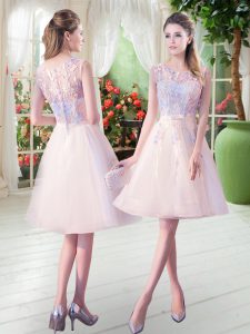 Colorful Champagne A-line Tulle Scoop Sleeveless Appliques Knee Length Zipper Prom Gown