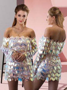 Colorful Silver Evening Dress Ruching Long Sleeves Mini Length