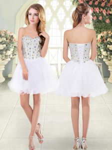 White Lace Up Homecoming Dress Beading Sleeveless Mini Length