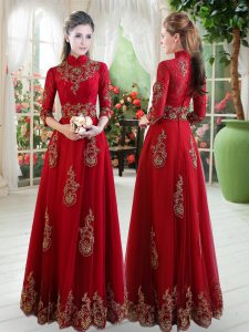 Traditional Wine Red Empire High-neck 3 4 Length Sleeve Tulle Floor Length Zipper Lace Prom Party Dress