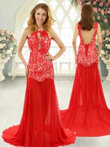 Red Sleeveless Lace Backless Homecoming Dress