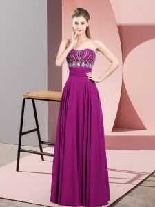 Fashion Fuchsia Sleeveless Floor Length Beading and Ruching Zipper Prom Party Dress