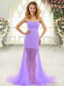 Traditional Sleeveless Tulle Brush Train Zipper Prom Evening Gown in Lavender with Beading