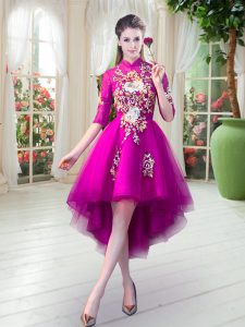 Cute High Low Fuchsia Prom Party Dress High-neck Half Sleeves Zipper