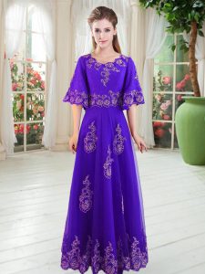 Fancy Purple Homecoming Dress Prom and Party with Lace Scoop Half Sleeves Lace Up
