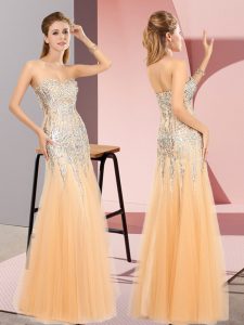 Edgy Floor Length Orange Dress for Prom Tulle Sleeveless Beading