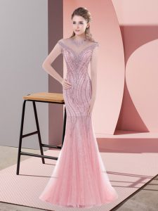 Attractive Zipper Evening Dress Pink for Prom and Party and Military Ball with Beading and Lace Sweep Train
