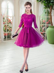 Fuchsia Prom Party Dress Prom and Party with Lace Scalloped Half Sleeves Zipper