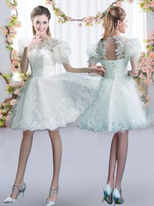 White Tulle Lace Up Quinceanera Court of Honor Dress Short Sleeves Mini Length Lace