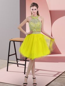 Knee Length Backless Prom Party Dress Yellow for Prom and Party with Beading
